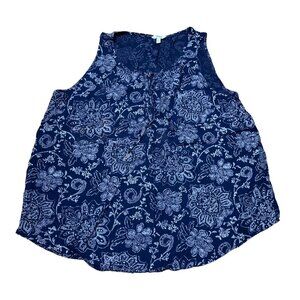 Sonoma Womens Sleeveless Floral Top XL 100% Rayon Navy Blue